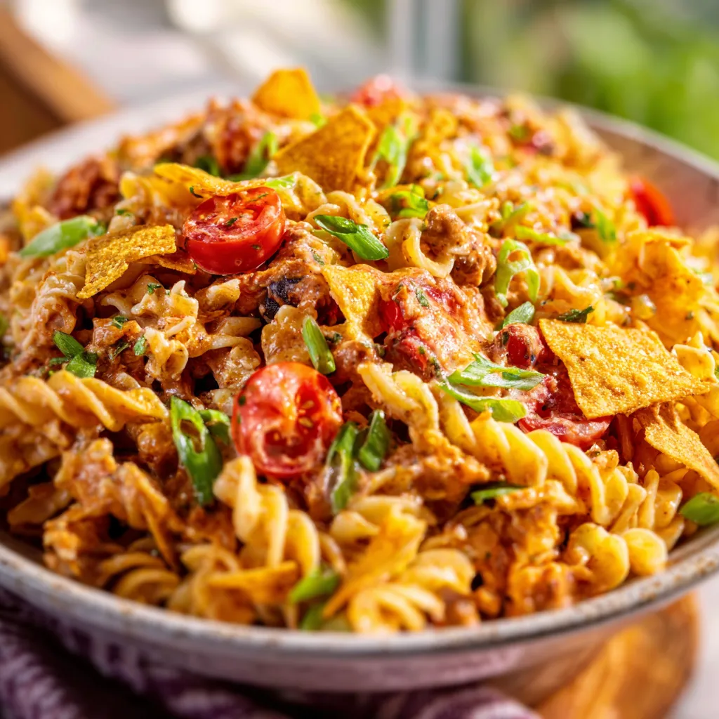 Creamy Taco Pasta Salad with ground beef, corn, and tomatoes in a bowl.