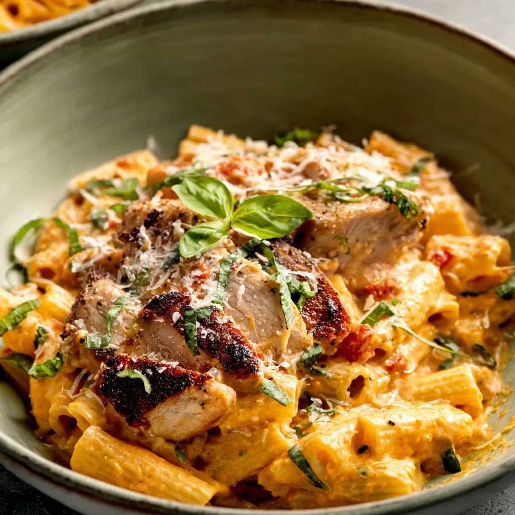 Creamy Tomato Basil Chicken Alfredo pasta in a white bowl, garnished with fresh basil.