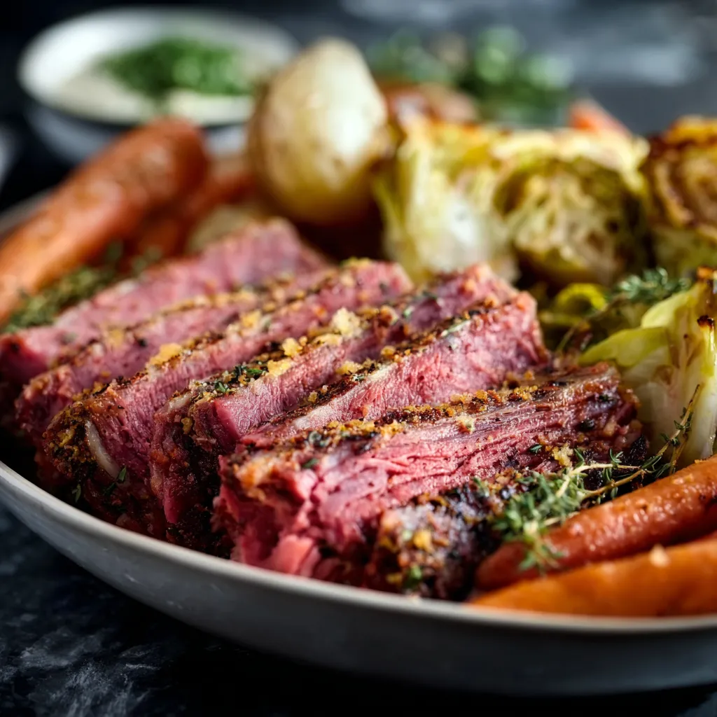 Crispy oven roasted corned beef and cabbage with carrots and potatoes on a baking sheet.
