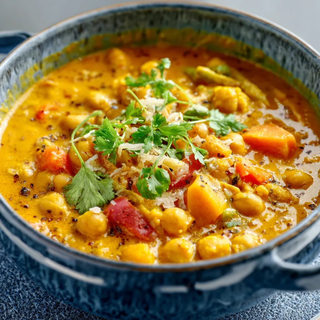 Aromatic chickpea vegetable curry in a bowl with spinach and tomatoes.