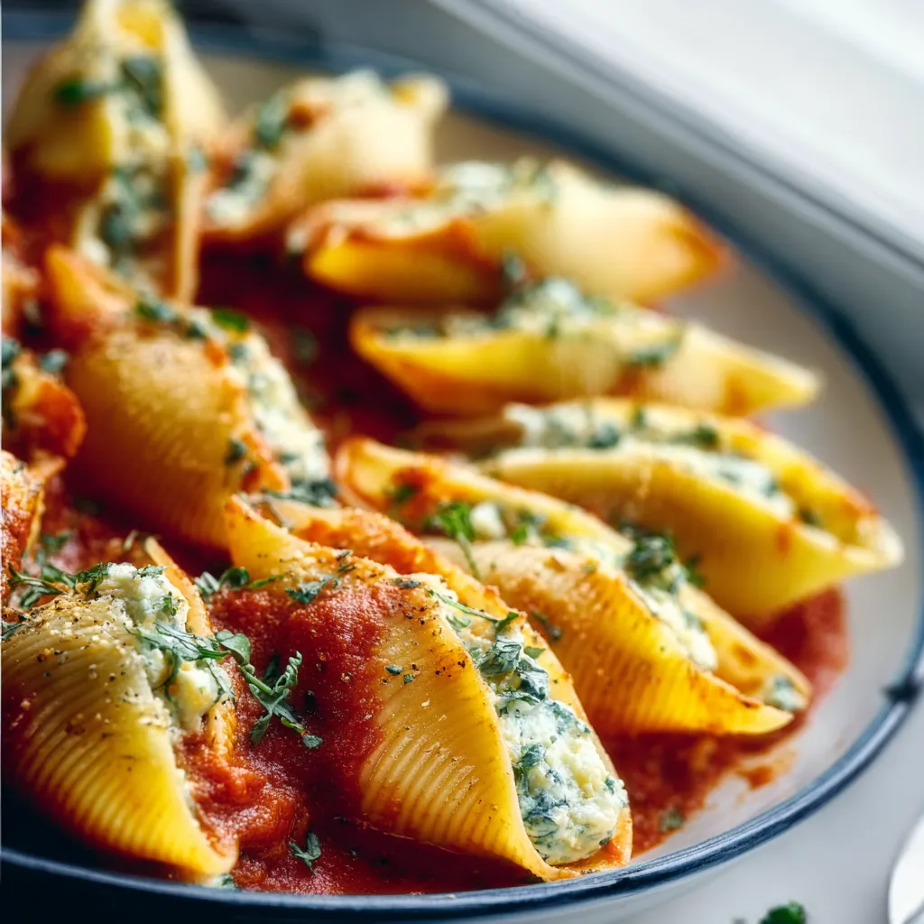 Baked Vegetarian Stuffed Shells with ricotta and spinach in tomato sauce
