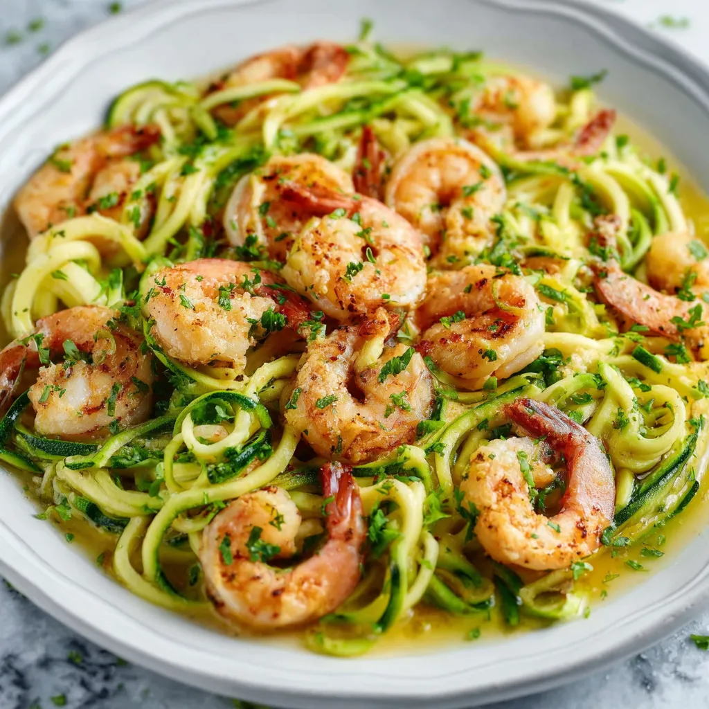 Garlic Butter Shrimp Scampi Zoodles in a white bowl, garnished with parsley.