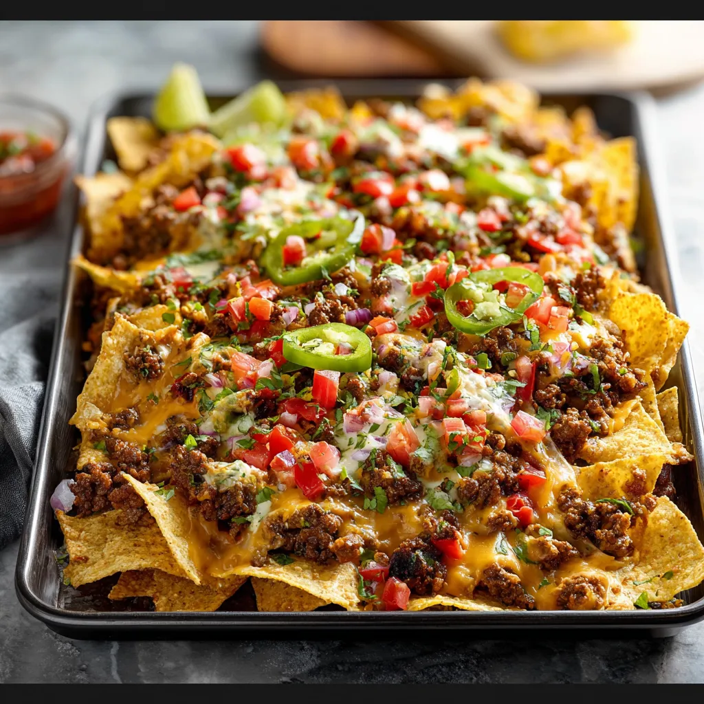 LOADED SHEET PAN NACHOS WITH BEEF AND QUESO