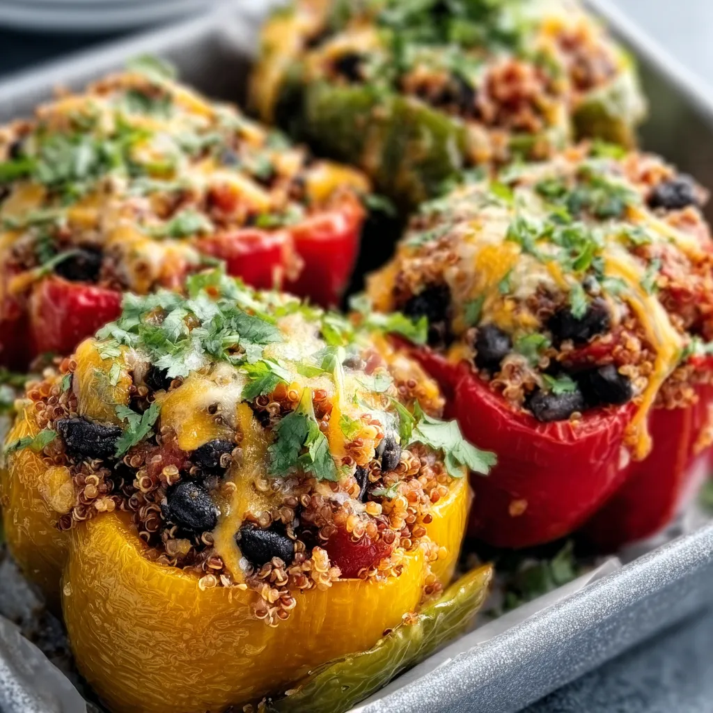 Colorful quinoa and black bean stuffed peppers with melted cheese on a baking tray.