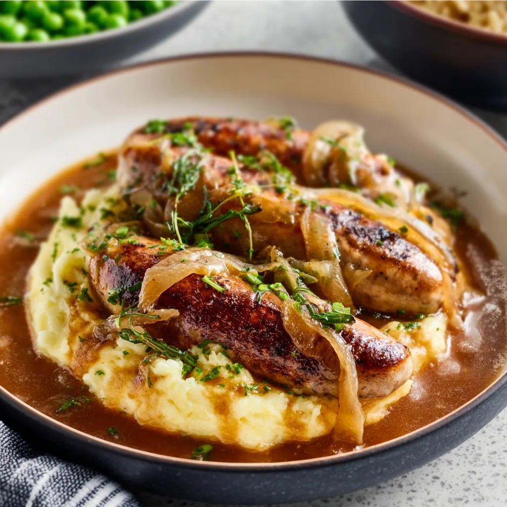 SAVORY BANGERS AND MASH WITH ONION GRAVY RECIPE
