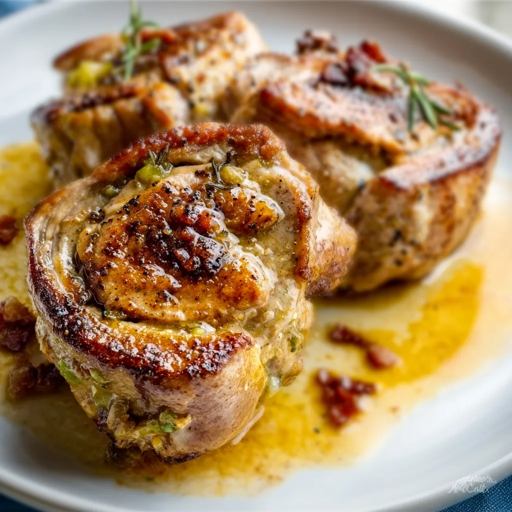 Golden-brown savory stuffed pork chops with herb filling on a white plate.