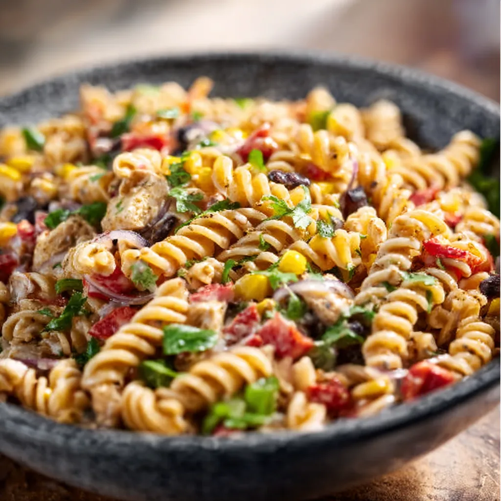 Spicy Southwest Pasta Salad with black beans, corn, and peppers