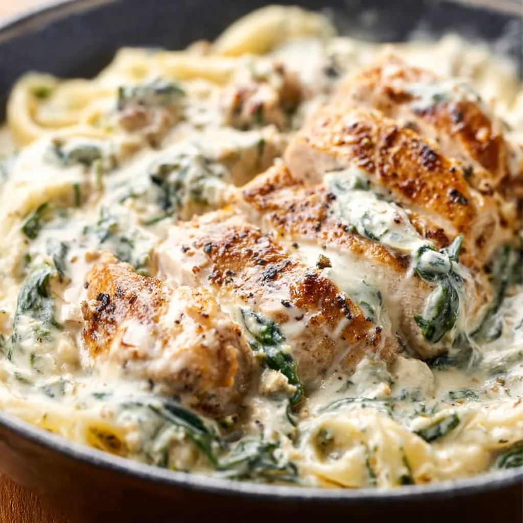 Creamy Spinach Artichoke Chicken Alfredo pasta in a white bowl.