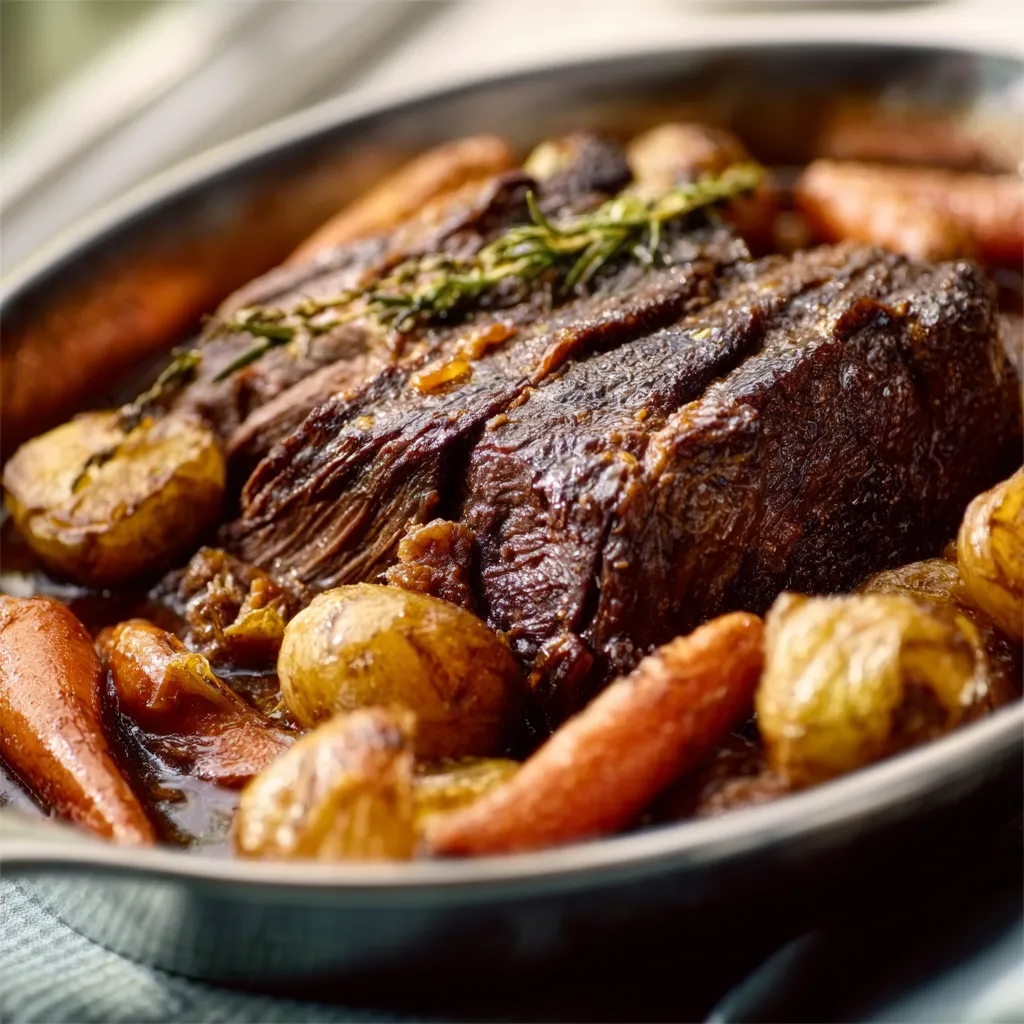 A tender Sunday Pot Roast with carrots and potatoes in a rich gravy.