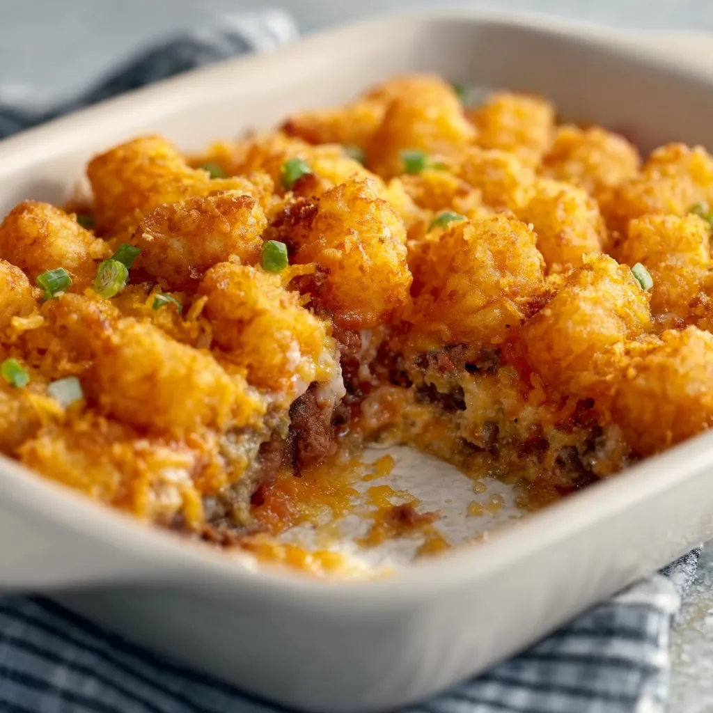 Crispy Tater Tot Casserole with melted cheese and ground beef in a cast iron skillet.