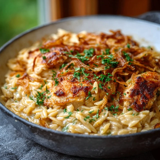 French Onion Chicken Orzo Casserole Recipe