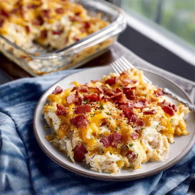 ADDICTING CREAMY CHICKEN BACON RANCH CASSEROLE