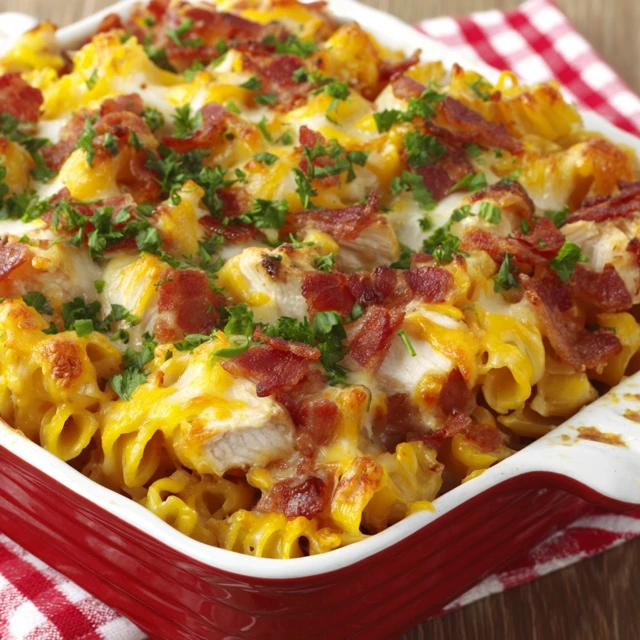CHICKEN BACON RANCH MAC AND CHEESE CASSEROLE