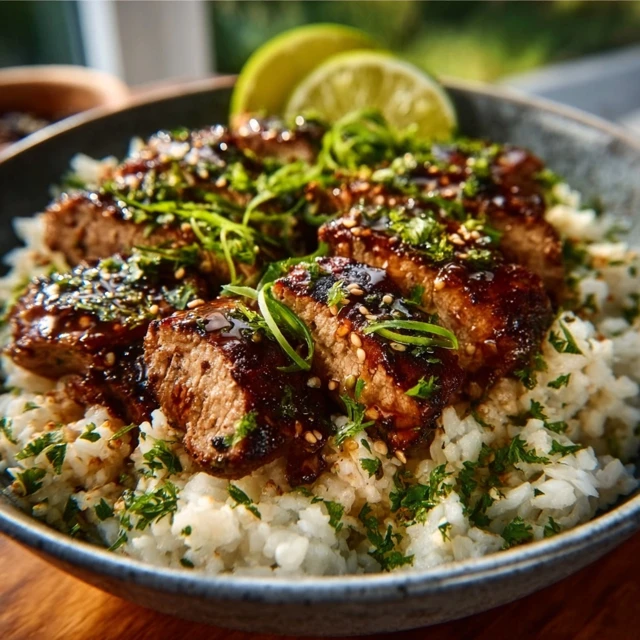 A vibrant Cilantro Lime Steak Bowl with grilled steak, rice, corn salsa, and fresh toppings in a white bowl.