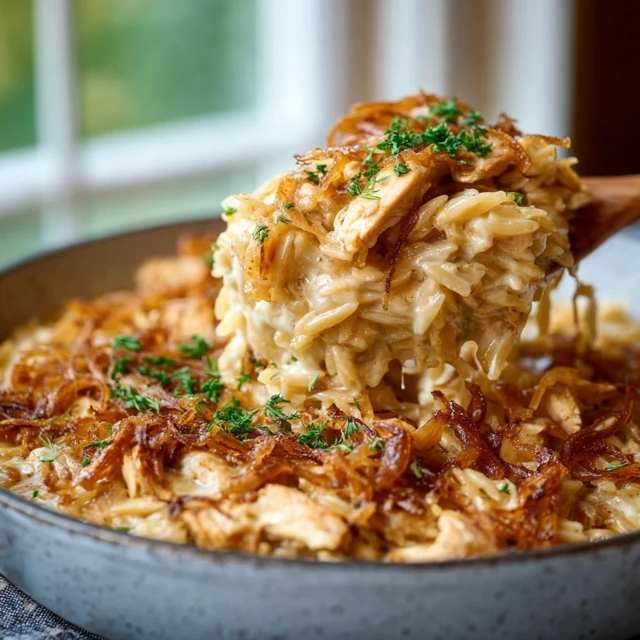 COZY FRENCH ONION CHICKEN ORZO CASSEROLE