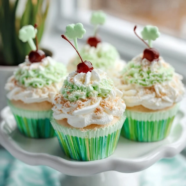 Shamrock Shake Cupcakes with swirled mint green frosting, sprinkles, and a cherry on top.