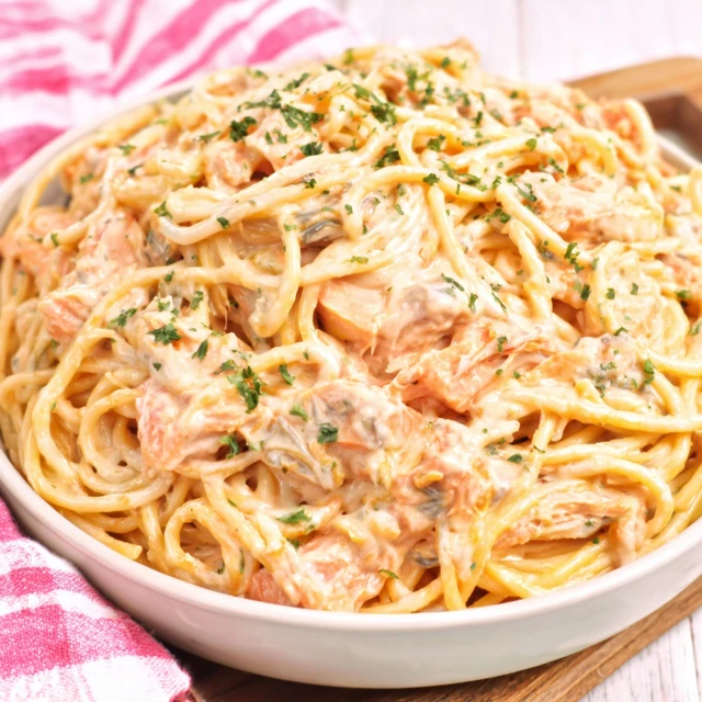 DREAMY SLOW COOKER CHEESY CHICKEN SPAGHETTI