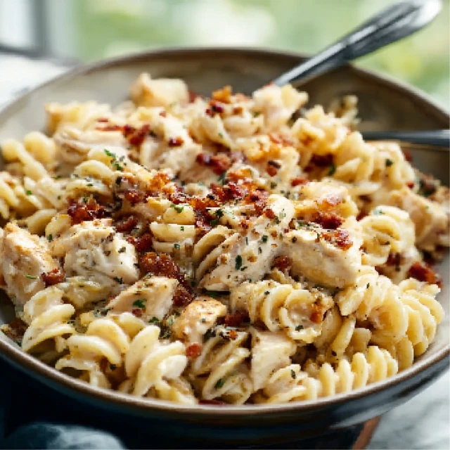 DREAMY SLOW COOKER CHICKEN BACON RANCH PASTA