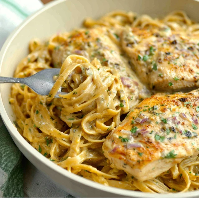 LIGHTER CREAMY GARLIC PARMESAN CHICKEN PASTA