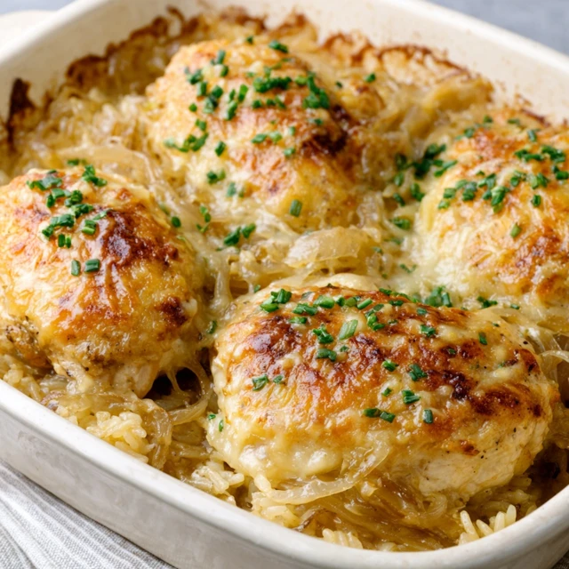 Cheesy French Onion Chicken Rice Bake Recipe