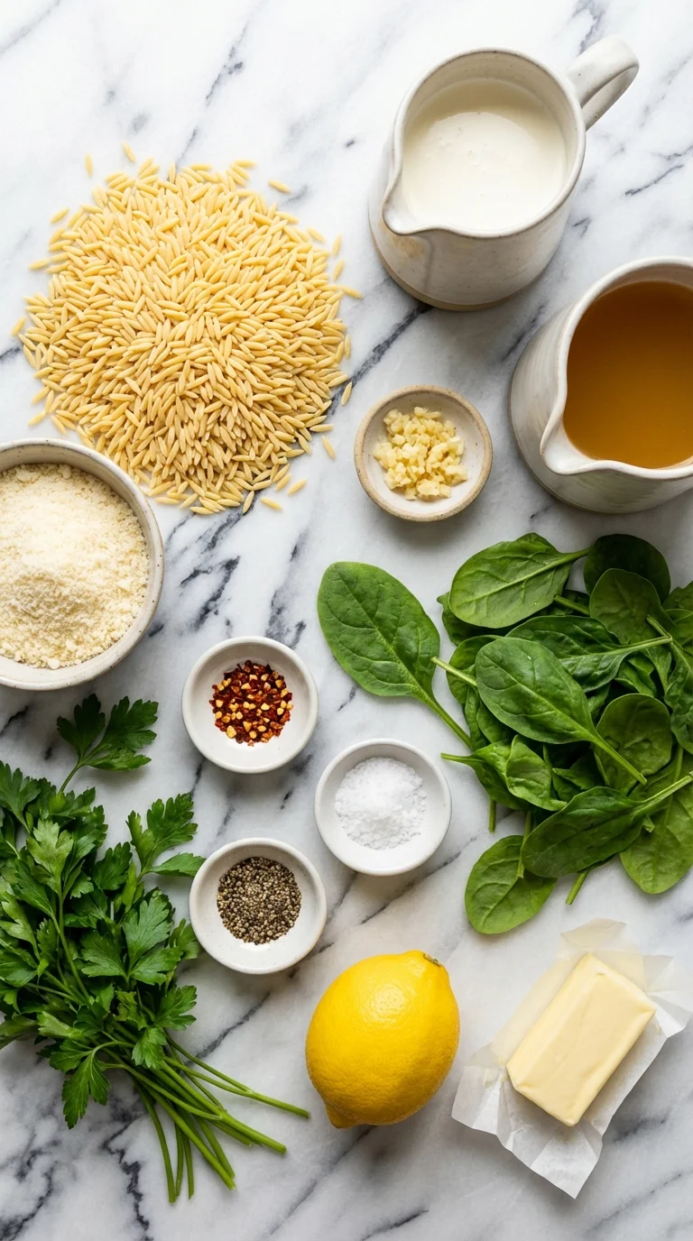 Creamy Garlic Butter Orzo with Spinach Ingredients