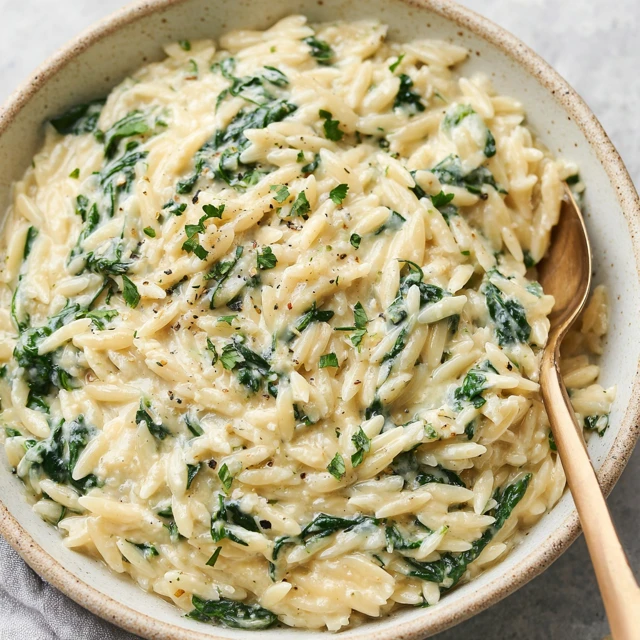 DREAMY CREAMY GARLIC BUTTER ORZO WITH SPINACH