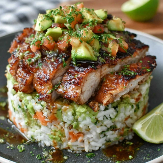 HONEY LIME CHICKEN & AVOCADO RICE STACK