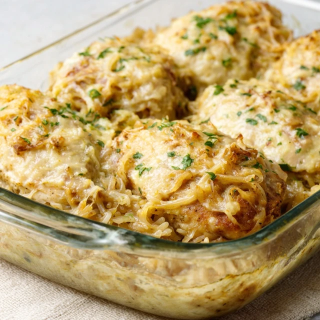 ULTIMATE CHEESY FRENCH ONION CHICKEN RICE BAKE