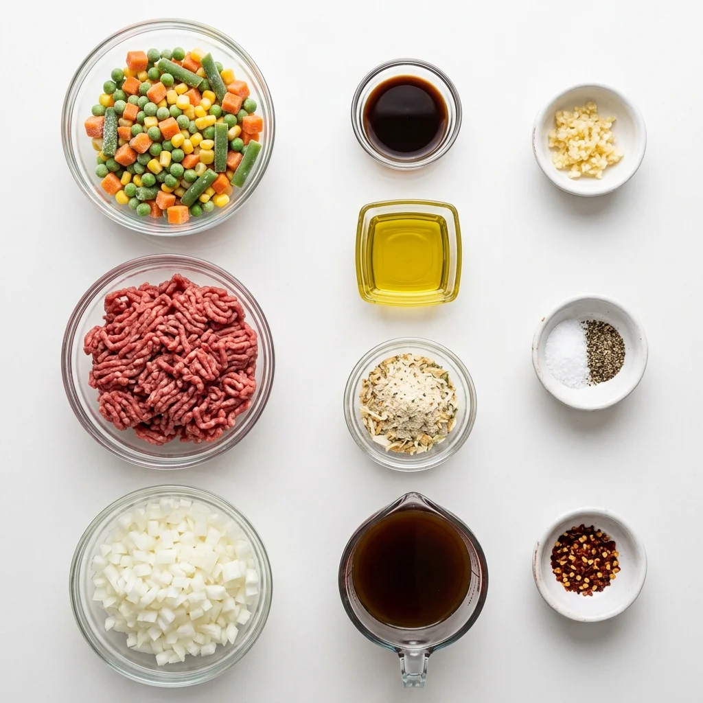 30-Minute Skillet Shepherd's Pie Ingredients Ingredients for 30-minute skillet shepherd's pie including ground meat, carrots, peas, garlic, herbs, and mashed potatoes